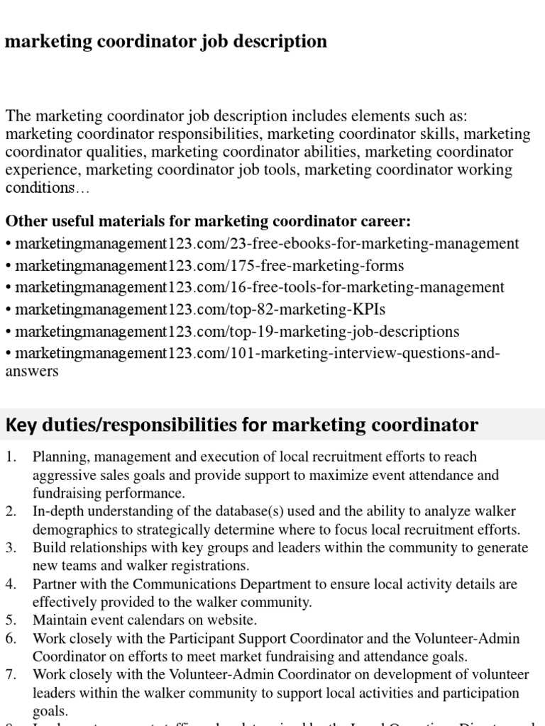Marketing Coordinator Job Description PDF Competence (Human