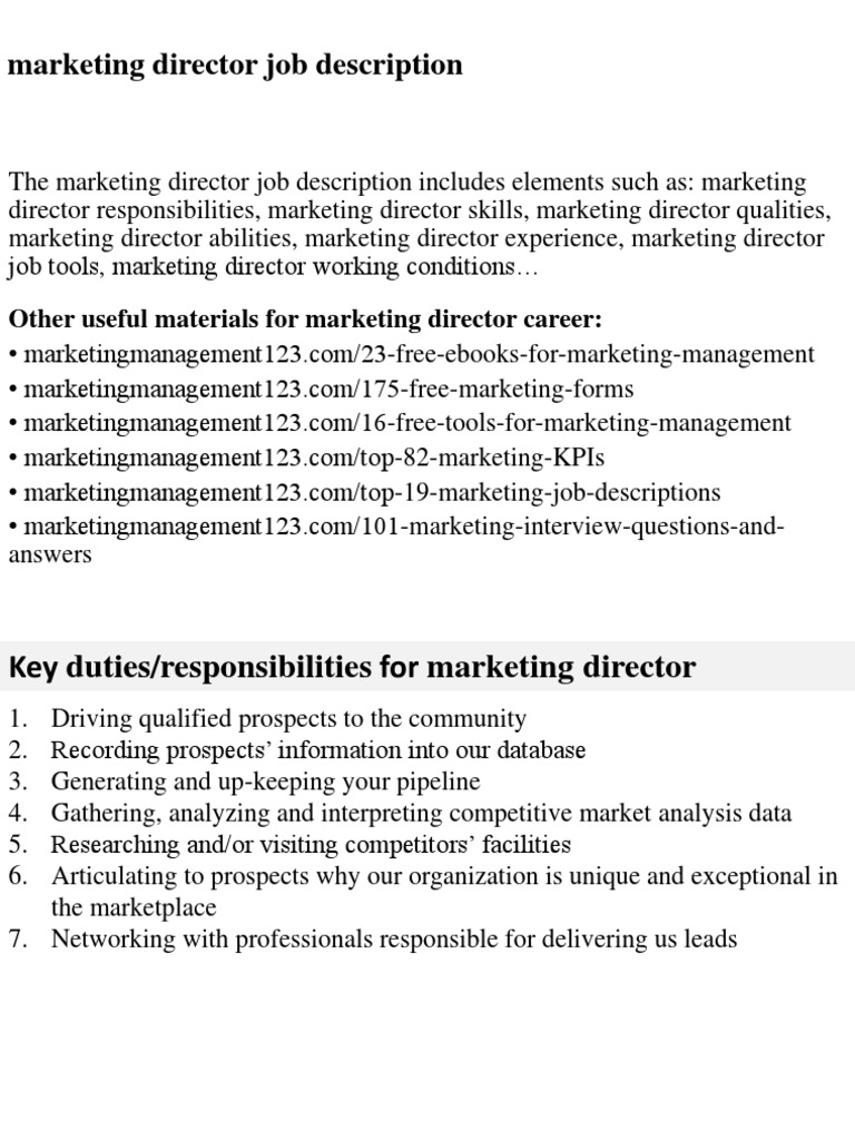 Marketing Director Job Description Overview | PDF | Recruitment | Marketing
