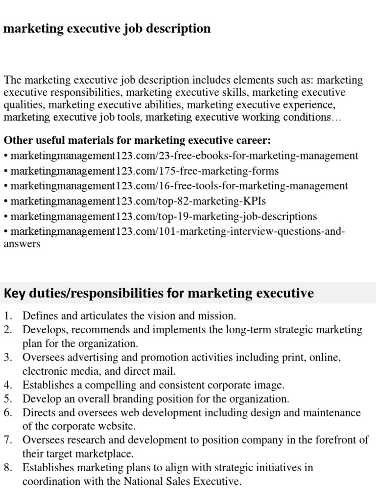 Marketing Executive Job Description | Pdf | Marketing | Recruitment