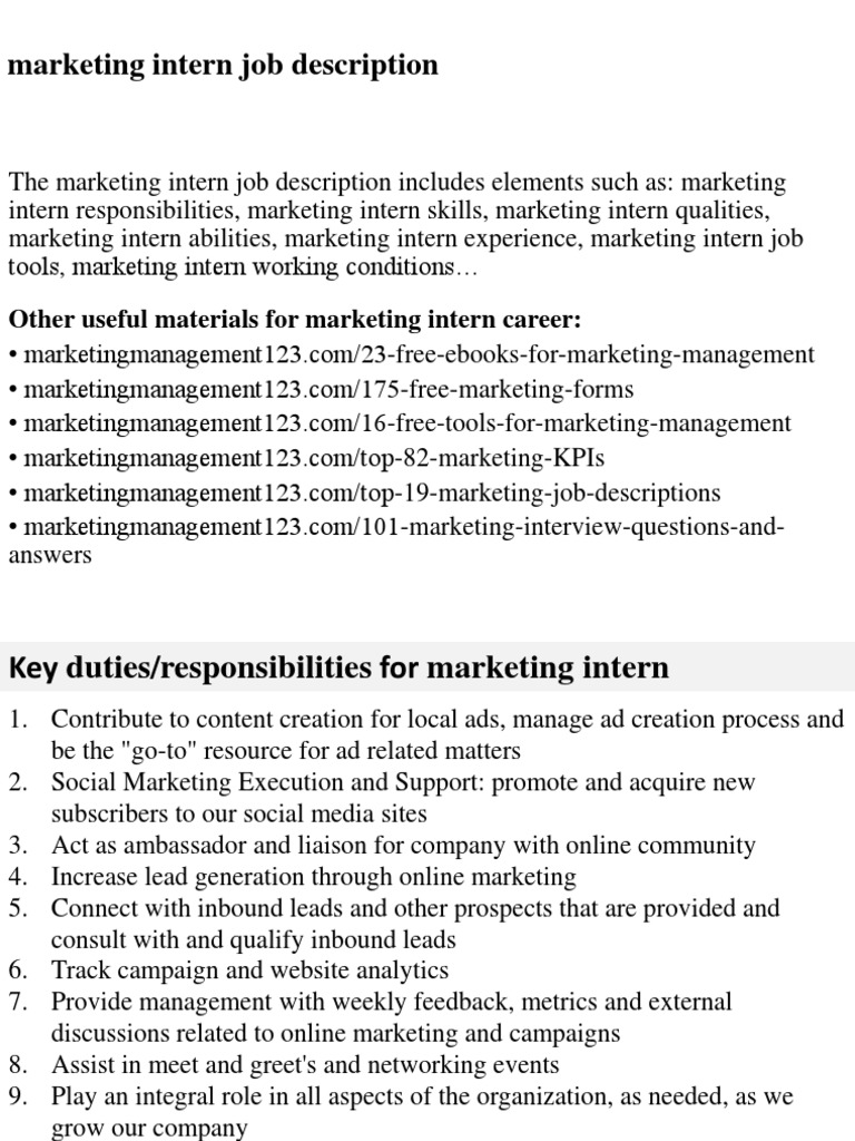 Marketing Intern Job Description PDF Marketing Employment