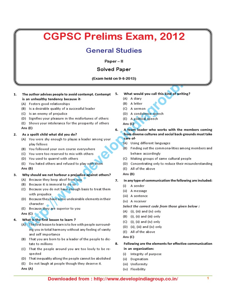 CGPSC Prelims 2012 Solved Paper | PDF | Inference | Profit (Accounting)
