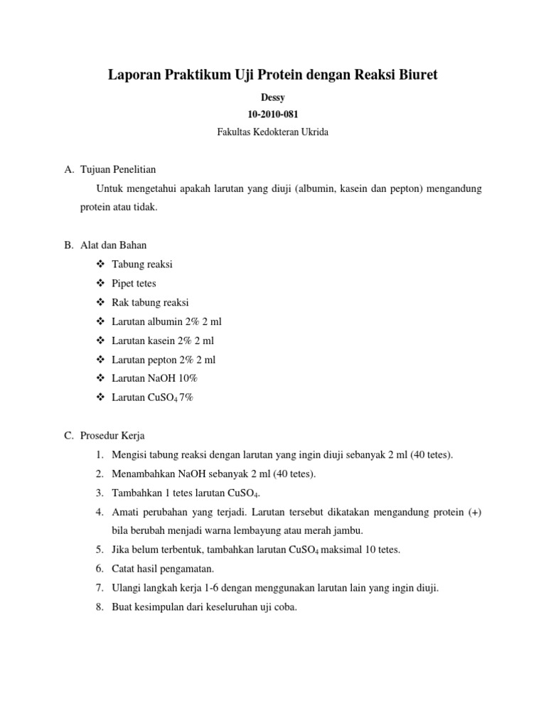Laporan Praktikum Uji Protein Dengan Reaksi Biuret