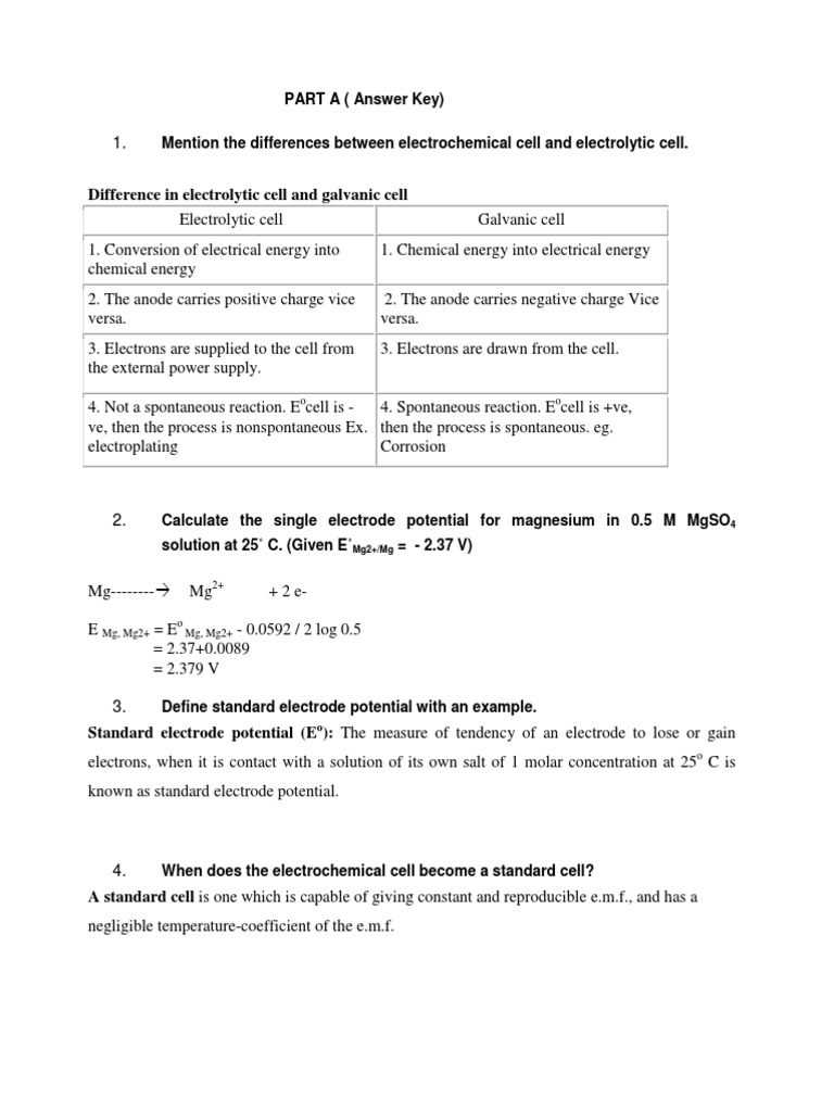 Answer Key Redox Electrochemistry