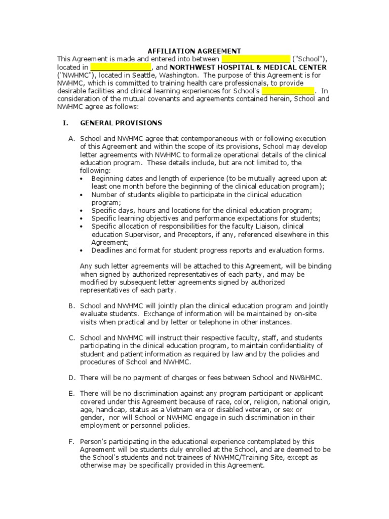 Affiliation Agreement 2012 Template Indemnity Government