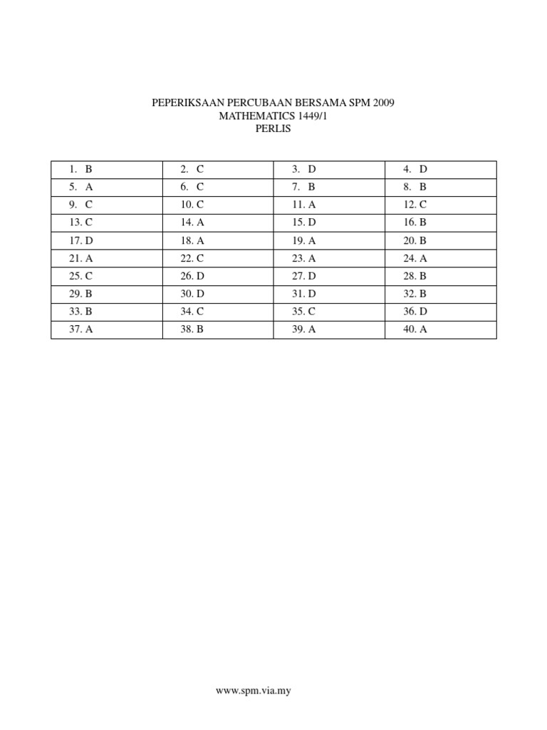 SPM 2009 Mathematics Trial Exam Answers | PDF | Mathematical Analysis ...