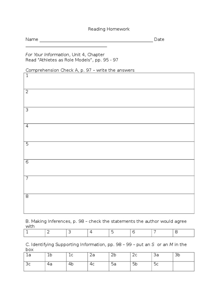Reading HW Unit 4 CH 1 | PDF | Career & Growth | Sports & Recreation