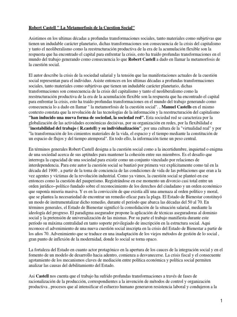 ROBERT CASTELL La Metamorfosis de La Cuestion Social | PDF | Derecho ...