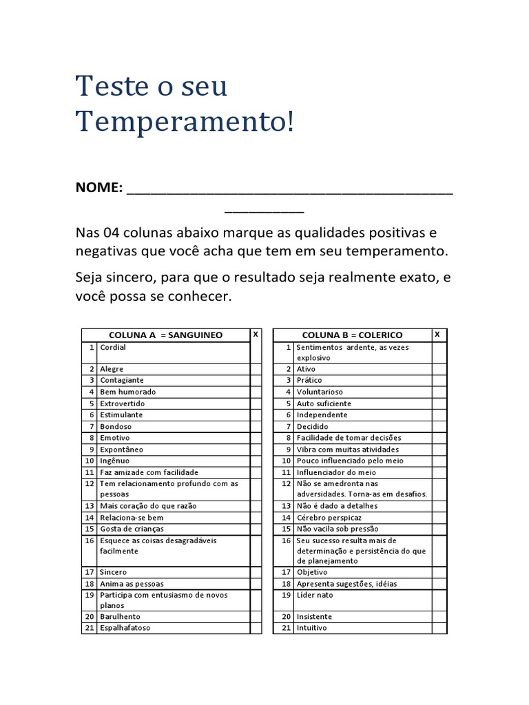 Teste o Seu Temperamento | PDF | Psicologia | Science