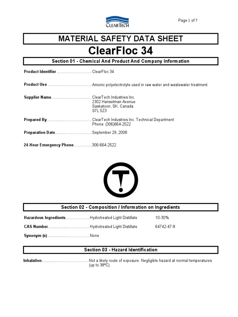 MSDS Polyelectrolyte, Cleartech Personal Protective Equipment