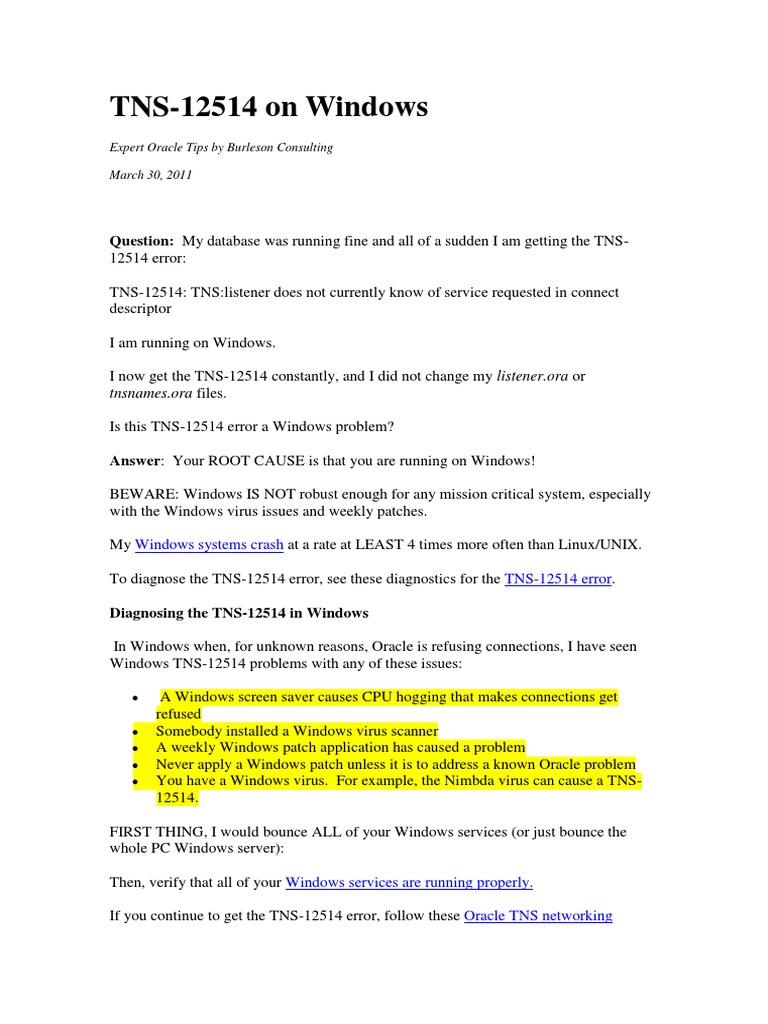 Troubleshooting TNS-12514 on Windows | PDF | Oracle Database