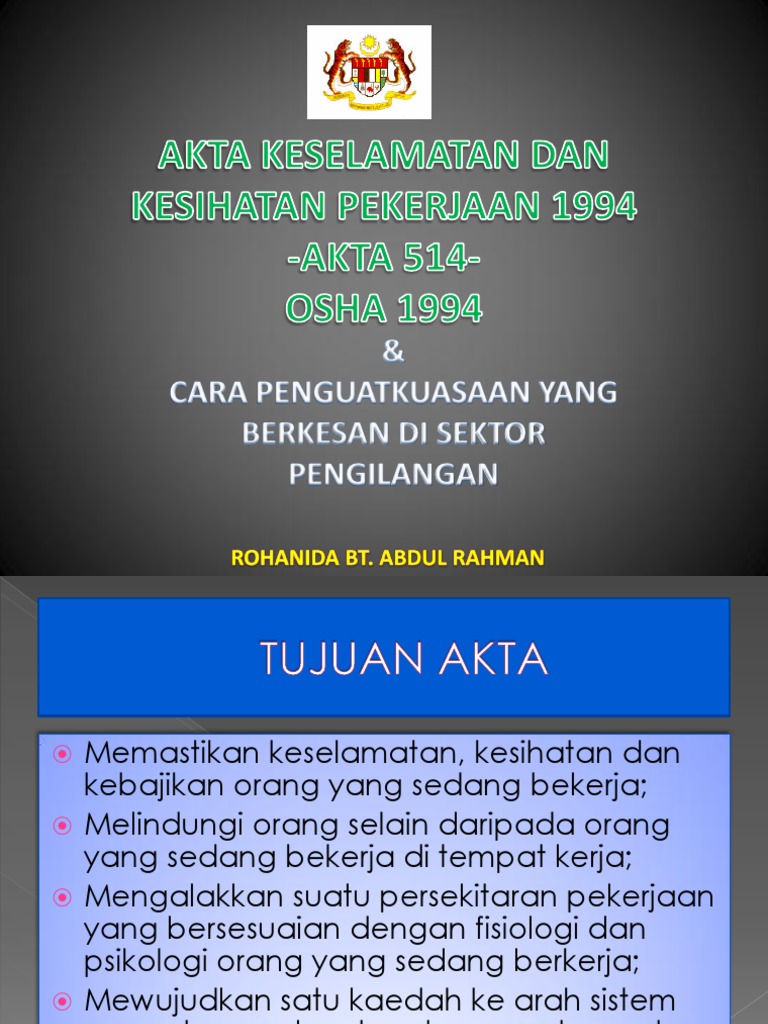 Slide Presentation Akta Keselamatan Dan Kesihatan Pekerjaan 1994  PDF