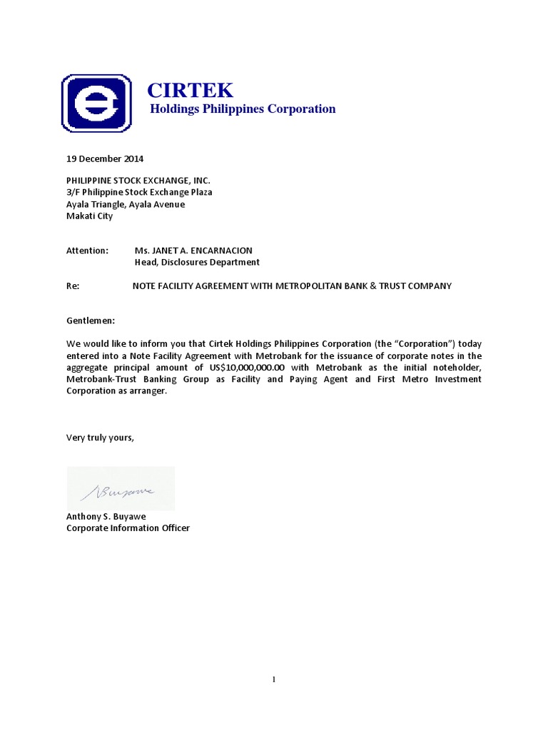 Cirtek $10M Note Agreement with Metrobank | PDF