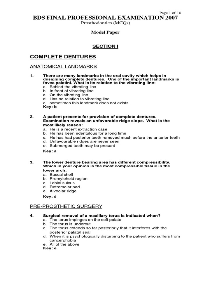 Prostho MCQ PDF Dentures Dental Implant