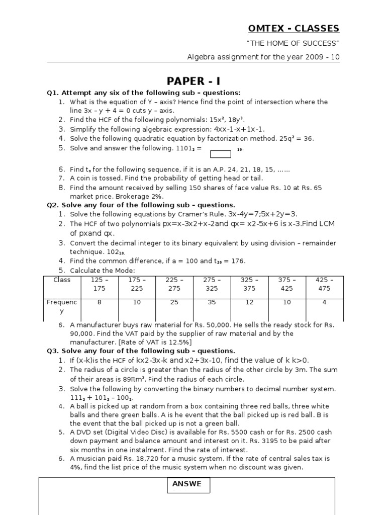 Algebra Assignment Solutions for Class 5 | PDF | Equations | Factorization