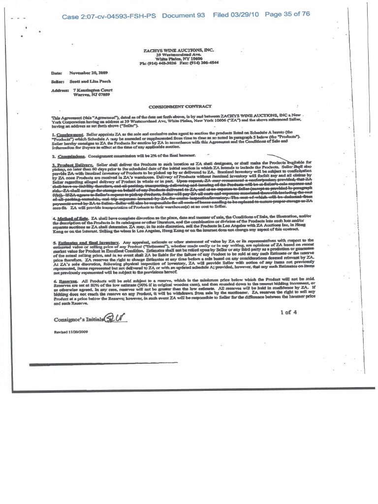 Zachys Wine & Liquor Consignment Contract With Scott Pasch Aka J. Henry