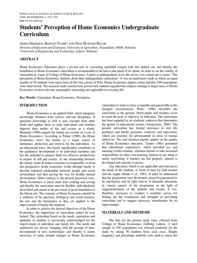 Students Perception of Home Economics Undergraduate Home Economics
