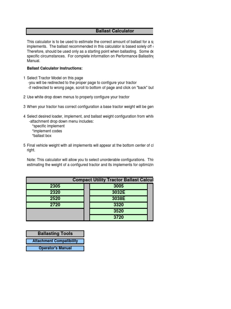Cuts Ballast Calculator PDF Tractor Loader (Equipment)