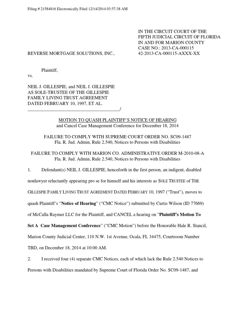 Motion to Quash Plaintiff’s Notice of Hearing Americans With