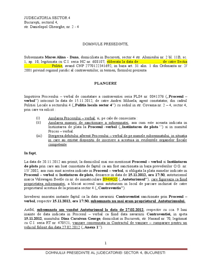 Contestatie Pv Amenda Parcare Mares Alina Dana