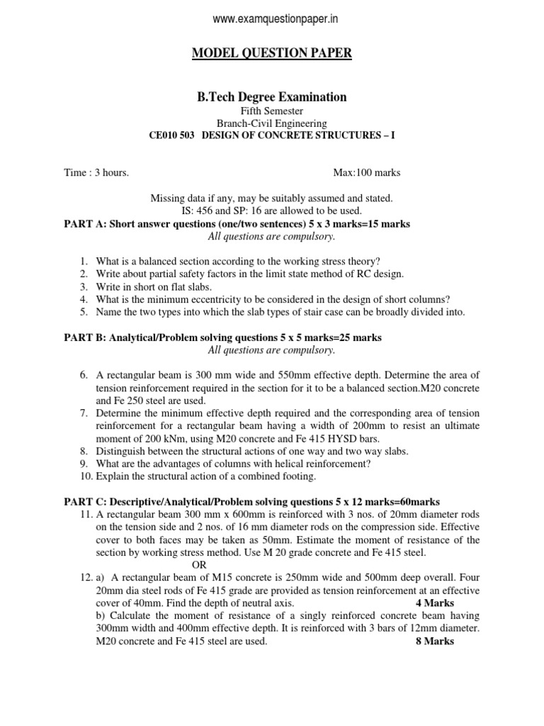 Concrete Structures Design Question Paper | PDF | Beam (Structure) | Stairs