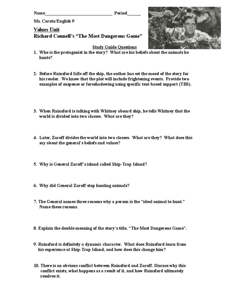 Most Dangerous Game Study Guide Questions Values | PDF