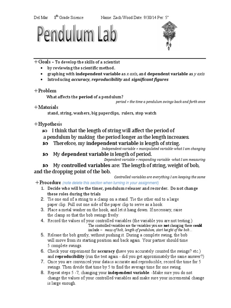 Pendulum Lab Pendulum Dependent And Independent Variables