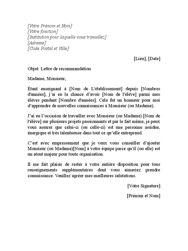 Lettre de Recommandation