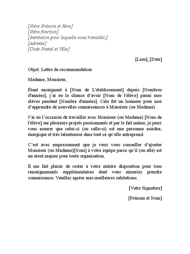 Lettre De Recommandation