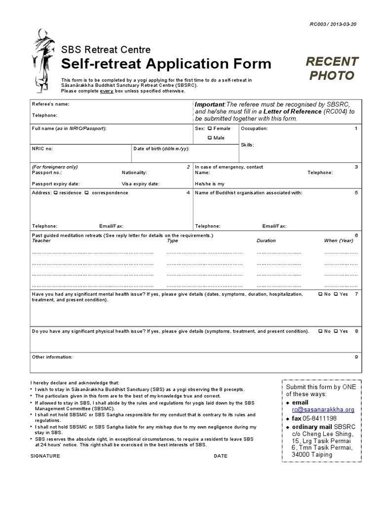 Self-Retreat Application Form RC003 2013-03-20 | PDF | Career & Growth