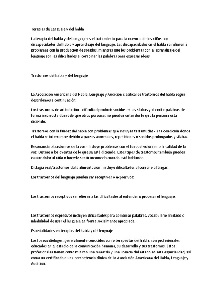 Terapias de Lenguaje y Habla para Niños | PDF | Patología del habla y ...