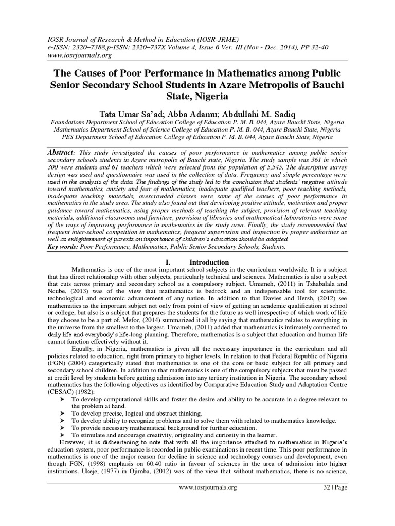 The Causes of Poor Performance in Mathematics Among Public Senior ...