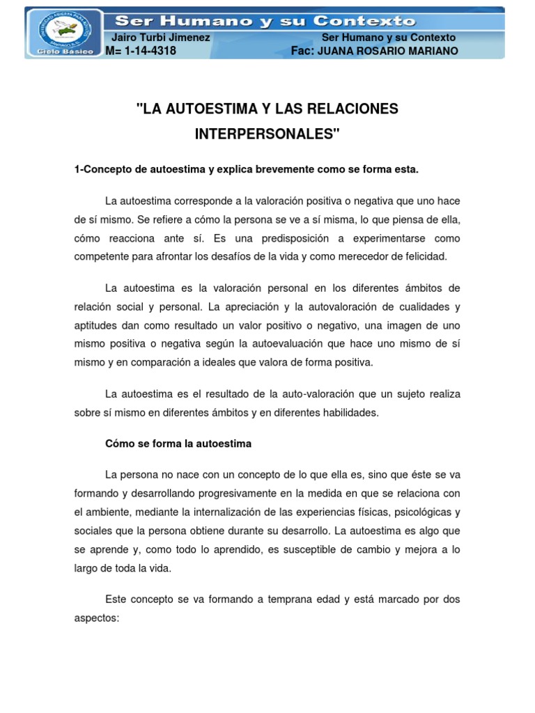 Actividad No. 2 - La Autoestima y Las Relaciones Interpersonales - Ser ...