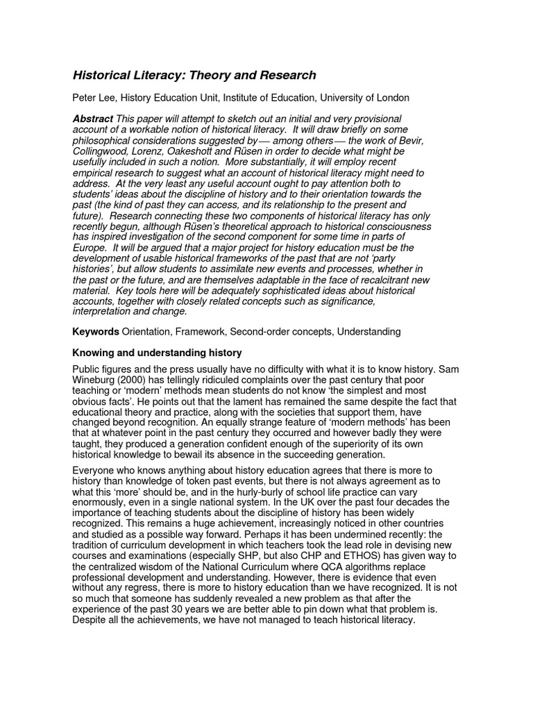 LEE, Peter Historical Literacy Theory and Research PDF Knowledge