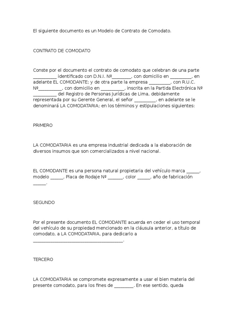 El Siguiente Documento Es Un Modelo de Contrato de Comodato | PDF | Ley  comparativa | Derecho privado