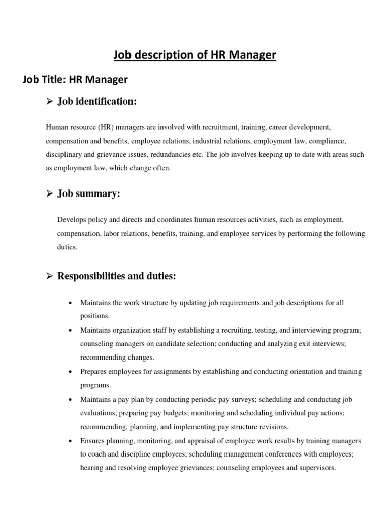 Job Description of HR Manager | PDF | Employment | Human Resource 