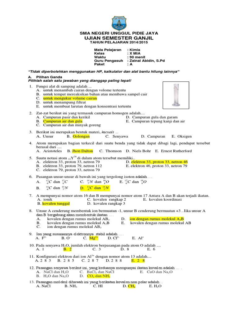 Pembahasan Soal Kimia Kelas x Semester 1 2014 Paket A