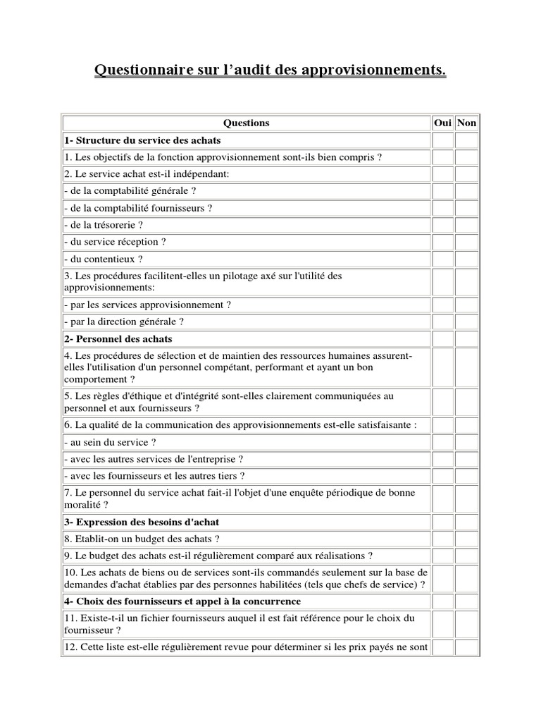 Questionnaire sur l'audit des achats  Facture  Comptabilité