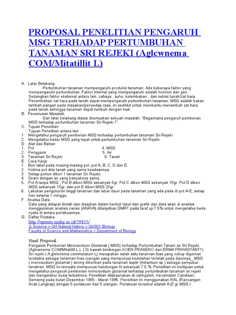 Proposal Penelitian Pengaruh MSG Terhadap Pertumbuhan