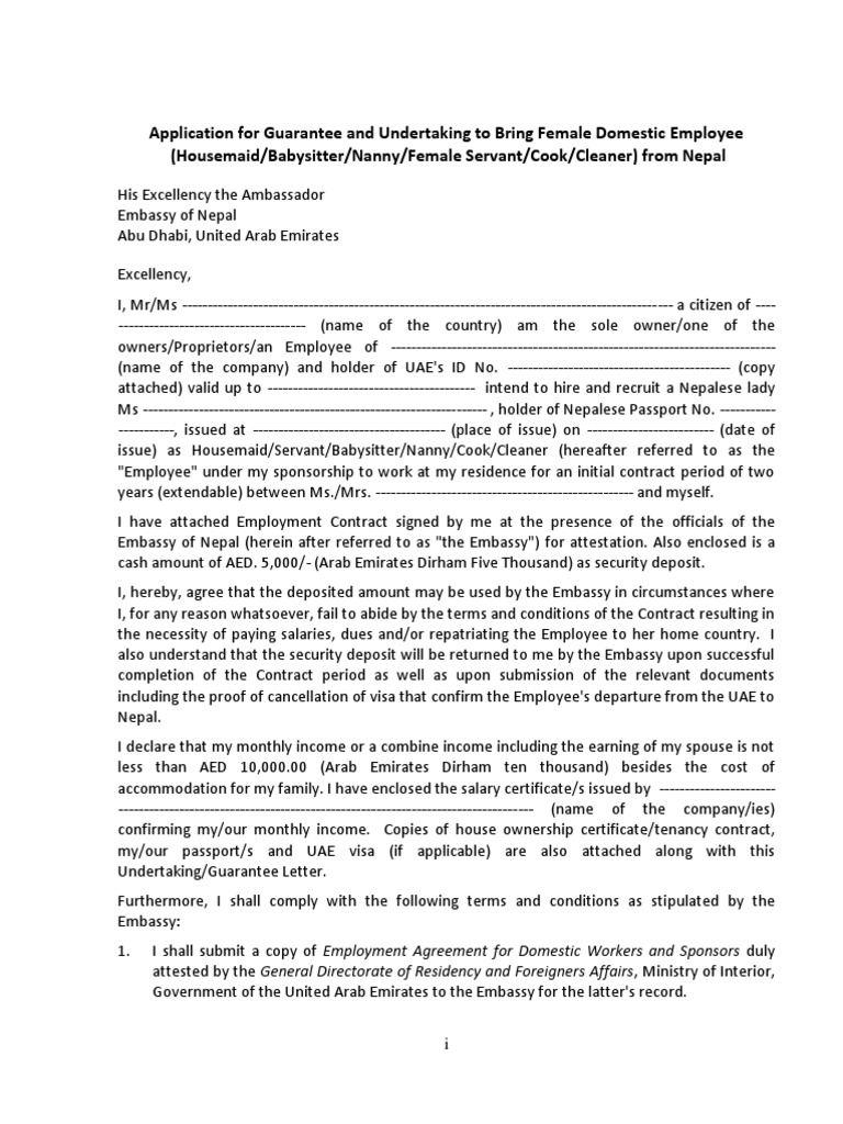 Domestic Worker - Gurantee and Undertaking Letter | PDF | Travel 