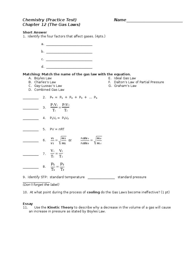 Test Ch. 12 (The Gas Laws) Practice | PDF | Gases | Temperature