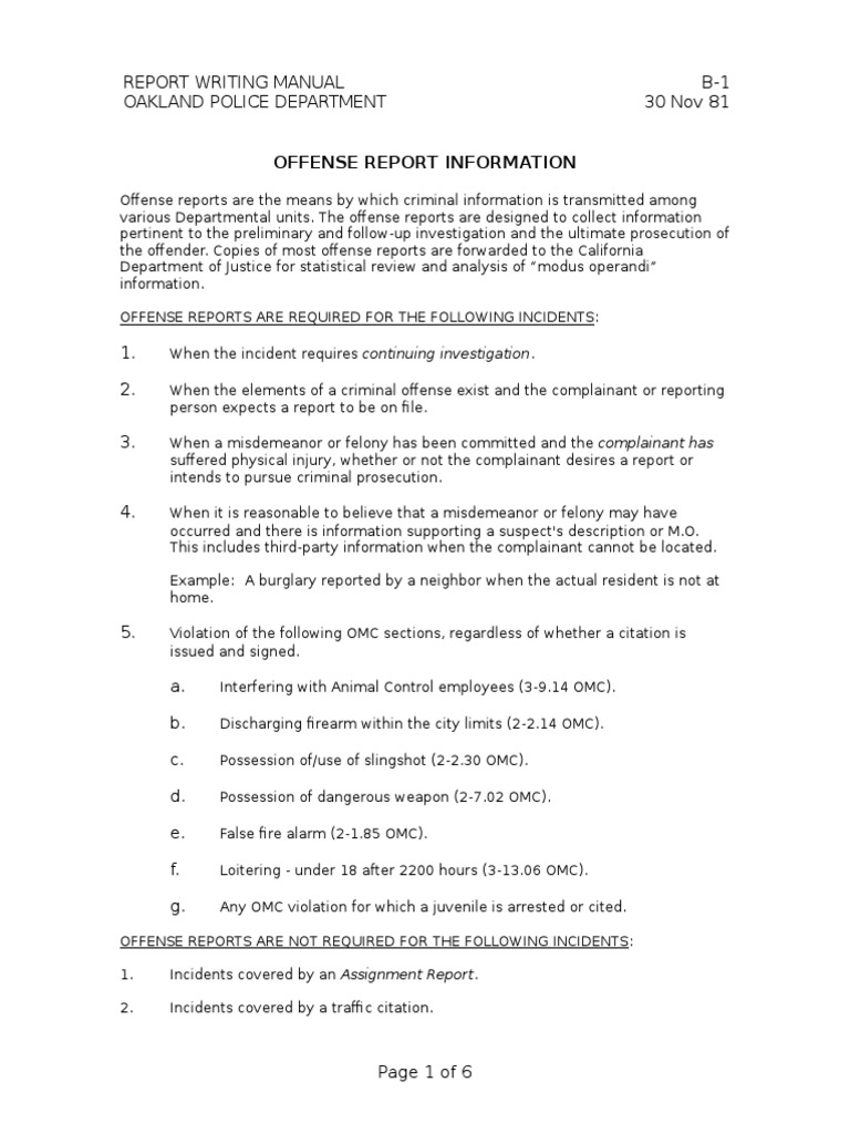 Report Writing Manual B-1 Oakland Police Department 30 Nov 81 | PDF ...