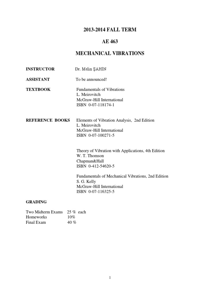 Mechanical Vibrations Course Syllabus | PDF