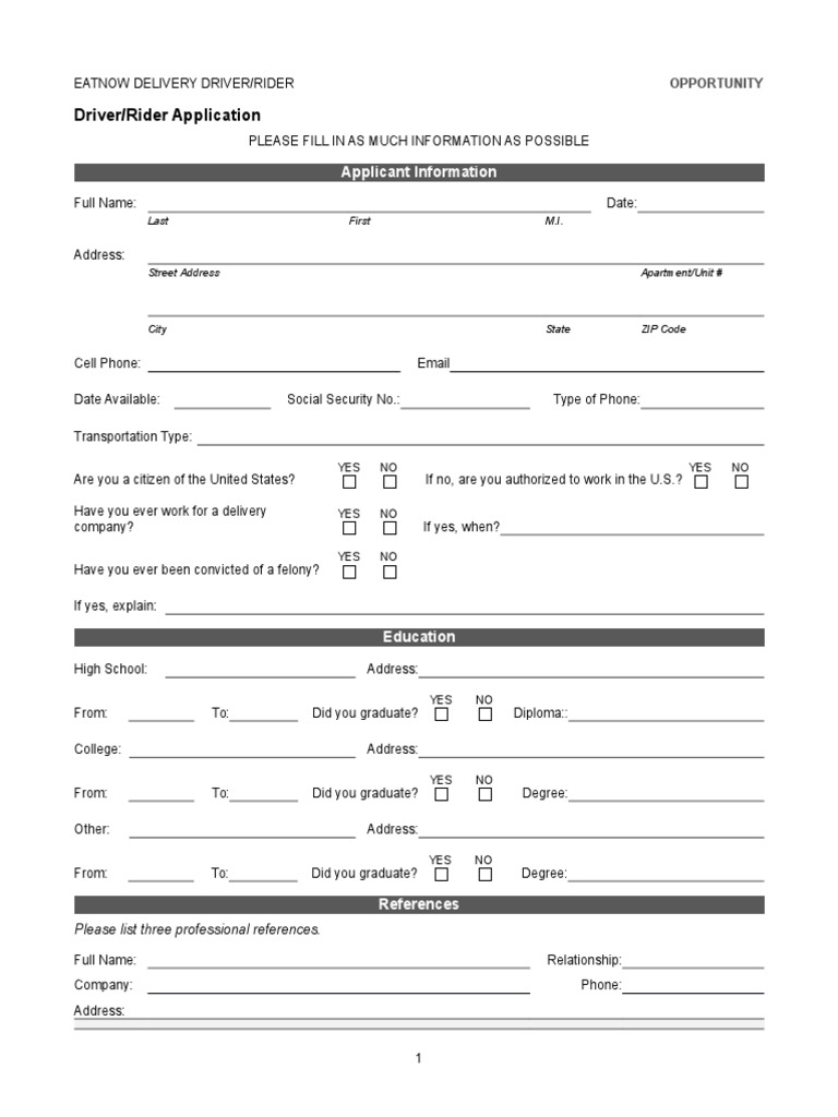 Delivery Driver Application Form | PDF | Military Discharge | Employment