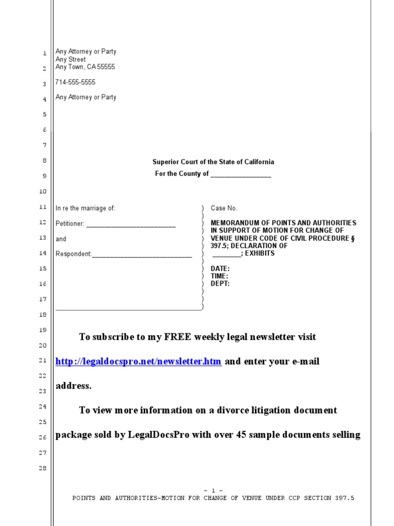 Sample Motion for Change of Venue in California Divorce Divorce Lawsuit