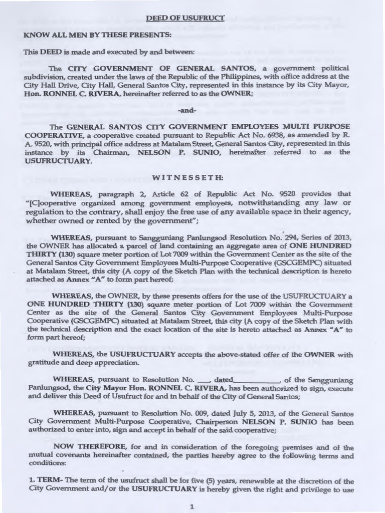 Deed of Usufruct With GSC MPC | PDF