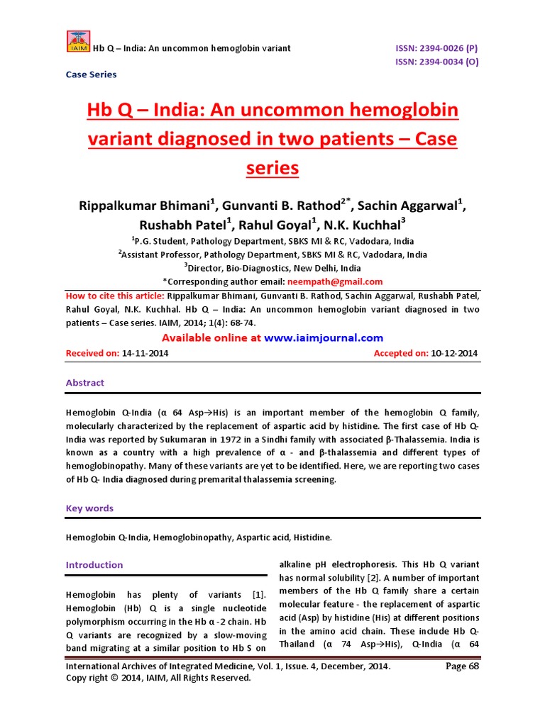 HB Q - India: An Uncommon Hemoglobin Variant Diagnosed in Two Patients ...
