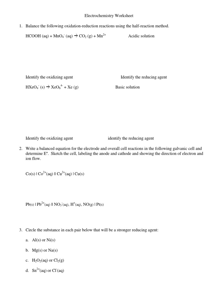 Worksheets Electrochemistry Worksheet balance the following oxidation 2 electrochemistry redox
