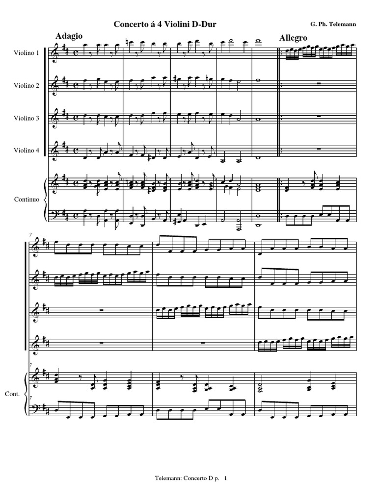 demonstration kanal tempo Georg Philipp Telemann Concerto 4 Violins Allegro | PDF