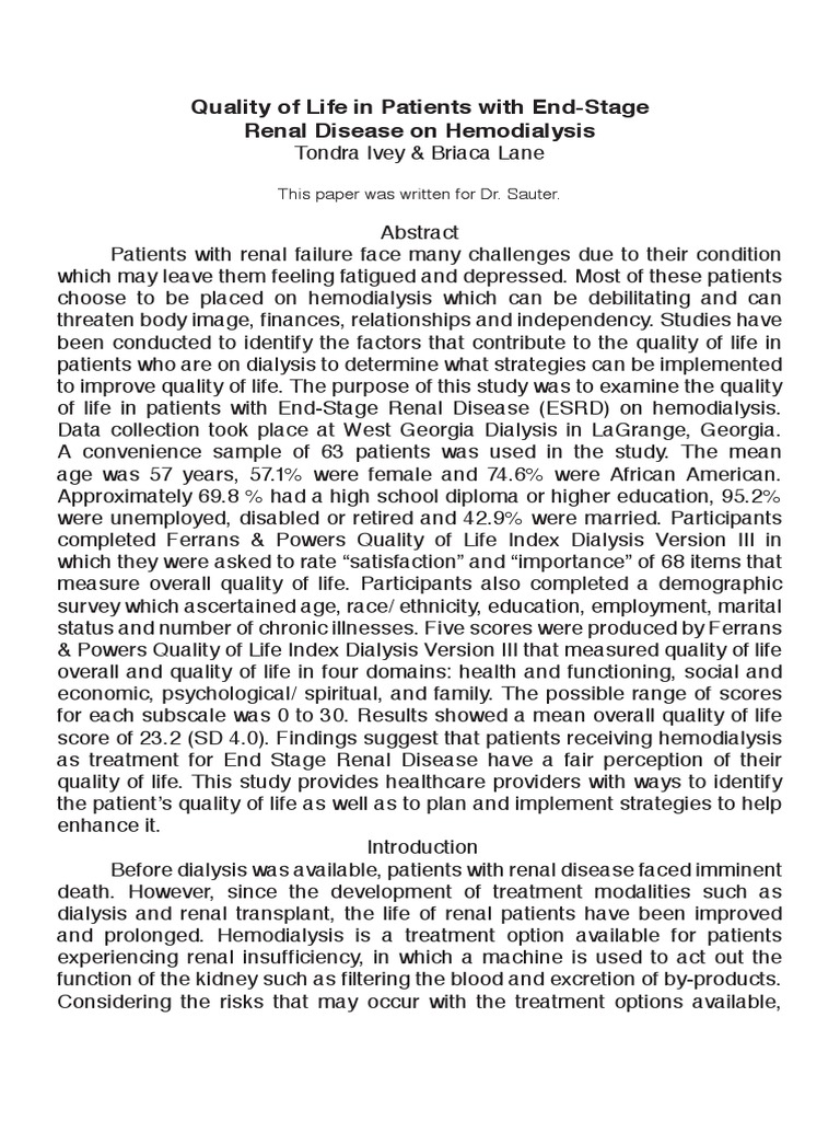 Quality of Life in Patients With End Stage Renal Disease On ...