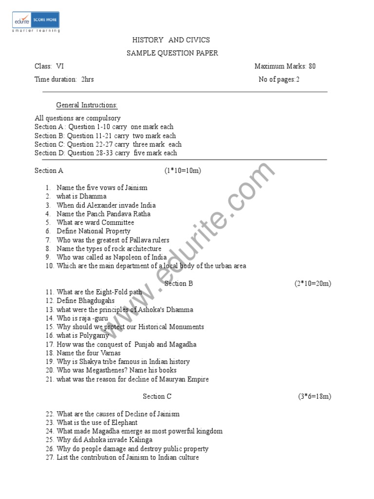 Class 6 ICSE History & Civics Sample Paper Term 2 Model 1